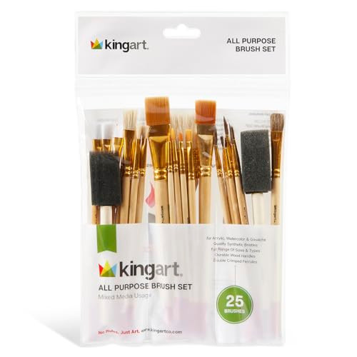 Kingart 25Piece Paint Brush Set Acrylic Oil Watercolor Gouache Paints Face and Nail Miniature Detailing and Rock Painting