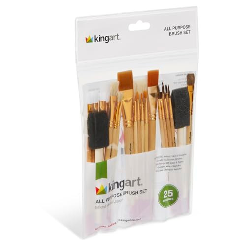 Kingart 25Piece Paint Brush Set Acrylic Oil Watercolor Gouache Paints Face and Nail Miniature Detailing and Rock Painting