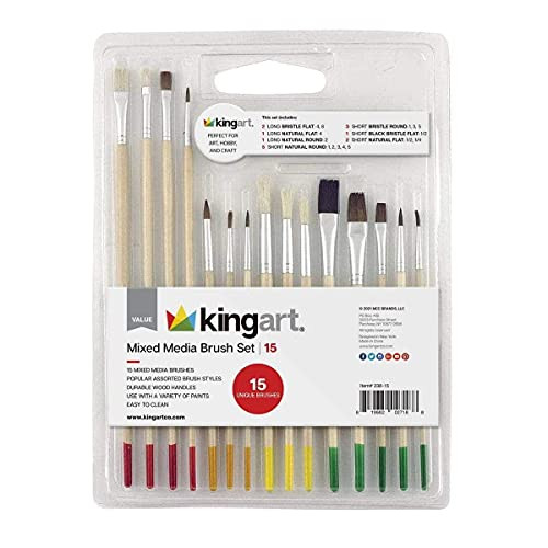 Kingart 23815 All Purpose 15 Pc Value Paint Brush Set Assorted Shapes and Sizes Synthetic and Natural Hair Short Handle For Oil Acrylic and Watercolor Paint Great For Crafts Home Projects Hobbies