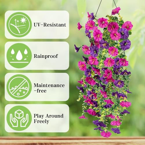 Nnouonn 2Pcs Artificial Hanging Flowers Outdoor Fake Trailing Plants Morning Glory Decoration UvResistant For Hanging Baskets Spring Decor Garden Porch Wedding Drooping Design For Pots and Patio