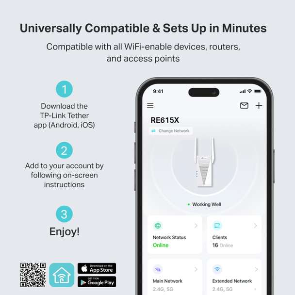 TpLink Re615X Ax1800 Wifi 6 Range Extender W/Ethernet Port 18G DualBand Repeater Amplifier Up To 2100 Sq Ft 64 Devices Internet Signal Booster App Setup Easymesh Compatible
