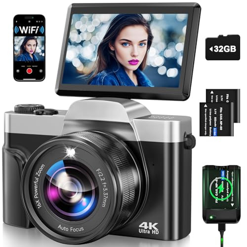 Aureapix 4K Digital Camera For Photography With Wifi Latest AutoFocus Vlogging Camera For Youtube Video 3 180 Flip Screen Travel Cameras 16X Zoom AntiShake 4K Cameras With Sd Card 2 Batteries