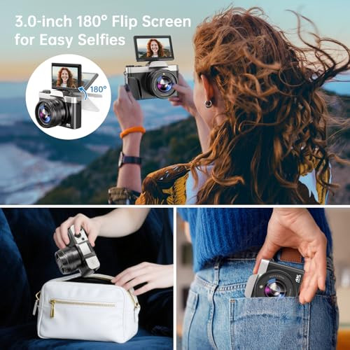 Aureapix 4K Digital Camera For Photography With Wifi Latest AutoFocus Vlogging Camera For Youtube Video 3 180 Flip Screen Travel Cameras 16X Zoom AntiShake 4K Cameras With Sd Card 2 Batteries