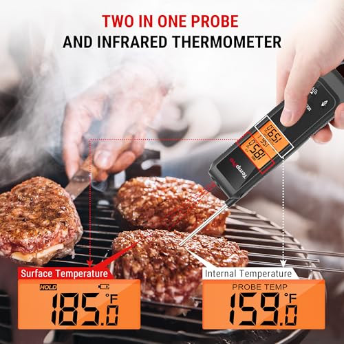 Temppro 2In1 Instant Read Thermometer For Cooking Infrared Thermometer With Meat Probe NonContact Laser Meat Thermometer For Griddle Grill Pizza Oven For Dad Him Husband Black