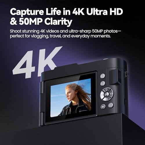 Roqioo Digital Camera 4K For Photography Vlogging 50Mp Cameras For Video 16X Zoom Photo Camera Gifts For Teens Ages 816 180 Flip Screen Compact C Mara Point And Shoot Digital Cameras For Youtube