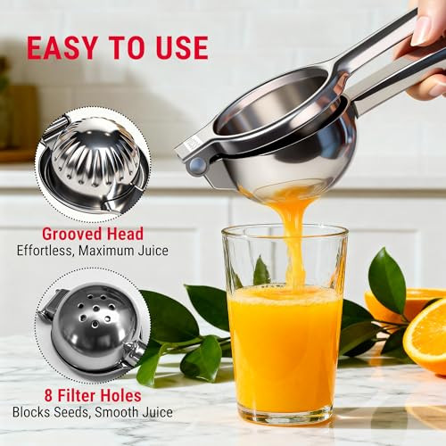 Temppro Lemon Lime Squeezer 304 Stainless Steel Hand Press Citrus Juicer With Grooved Bowl HeavyDuty Hinged Handle High Juice Yield Easy To Use and Dishwasher Safe Previously Thermopro