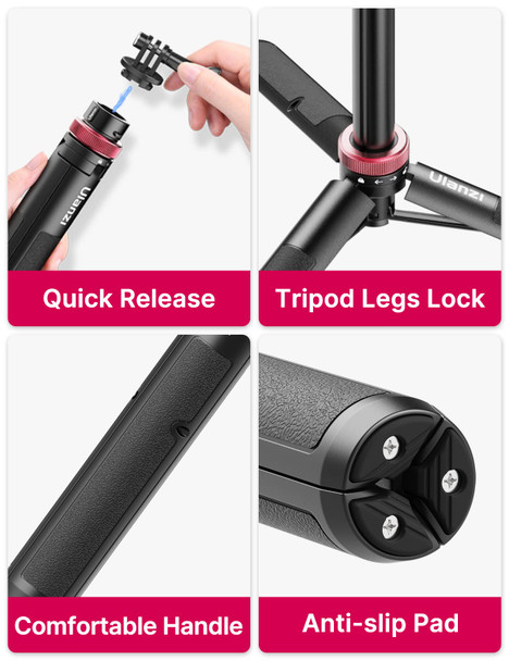 Ulanzi Select 57In Extendable Selfie Tripod For Action Cameras Ulanzi Go Quick Ii Long Action Camera Stick Tripod Quick Release Adapter Vlog Handle Grip For Gopro Hero Series