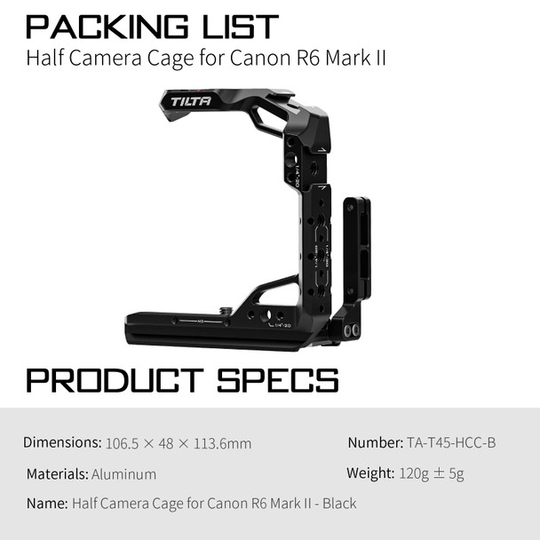 Tilta Half Camera Cage Compatible With Canon R6 Mark Ii With Mount Accessories Via Nato Rail Cold Shoe And 1/420 Threads With Locating Pins TaT45Hcc Black
