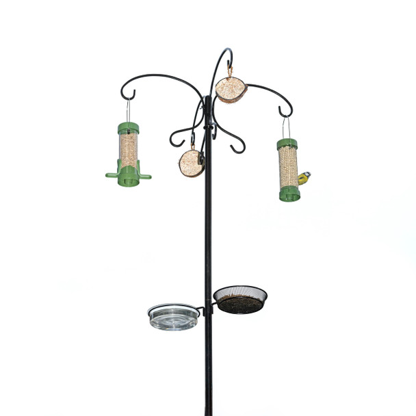 Rspb Wild Bird Feeders Hanging Station Premium Bird Feeder Hanger With Eight Hooks Standing Metal Pole For Gardens And Outdoor Use Includes Water Bowl And Feeding Tray Black 22M X 25Mm Rspb