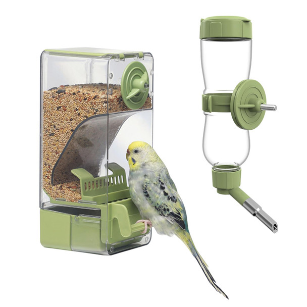 Septillar Bird Feeder Water Dispenser Set Automatic Cage Feeder With Perch For Parakeet Canary Cockatiel Finch Budgie Green
