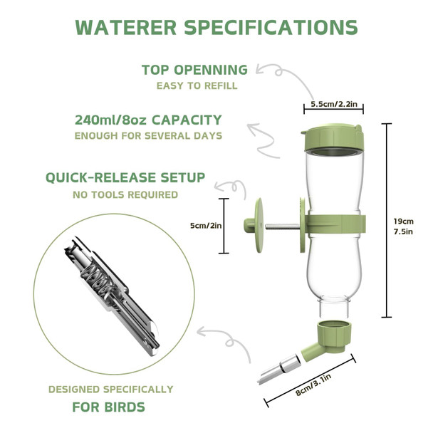 Septillar Bird Feeder Water Dispenser Set Automatic Cage Feeder With Perch For Parakeet Canary Cockatiel Finch Budgie Green