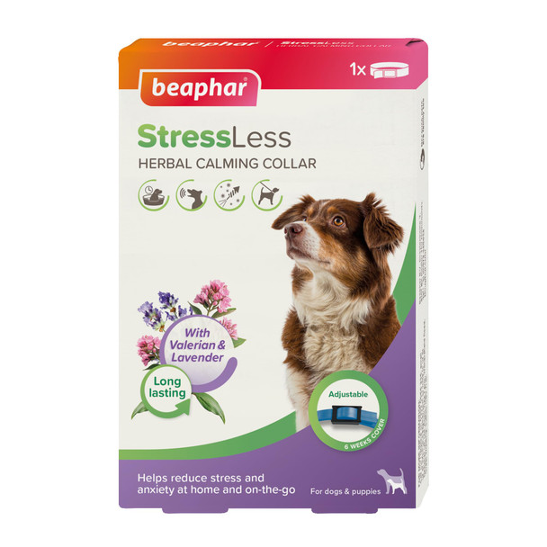Beaphar Herbal Calming Collar For Dogs For Fireworks Thunderstorms Car Travel and LongTerm Stress Contains The Natural Herb Valerian Up To 6 Weeks Of Calming 1X Adjustable 65Cm Collar