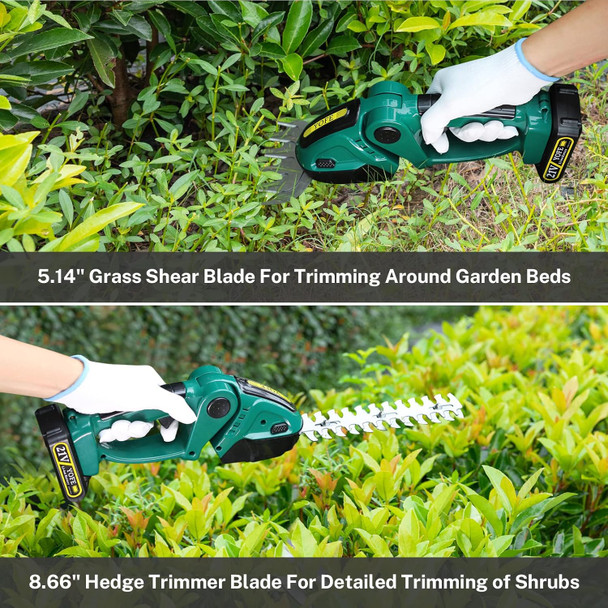 2-in-1Cordless Grass Shears, 21V Handheld Electric Mini Hedge Trimmer Cordless, 2000RPM Grass Trimmer Hedge Cutter Clippers with 1.5Ah Rechargeable Battery & Charger Included for Patio Lawn Garden
