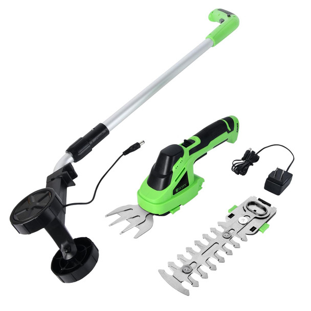 Evcitn Cordless Hedge Trimmer Electric Hand Held Grass Shear Shrubbery Clipper 7.2V Electric Grass Cutter with Rechargeable Battery and Charger Included for Garden and Lawn - Green（with Pole）