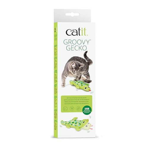 Catit Groovy Gecko Interactive Cat Toy Flopping Motion Toy With Catnip and Silvervine Usb Rechargeable Motion Sensor Washable Cover Green