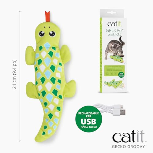 Catit Groovy Gecko Interactive Cat Toy Flopping Motion Toy With Catnip and Silvervine Usb Rechargeable Motion Sensor Washable Cover Green