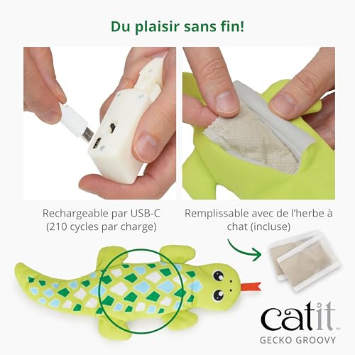 Catit Groovy Gecko Interactive Cat Toy Flopping Motion Toy With Catnip and Silvervine Usb Rechargeable Motion Sensor Washable Cover Green