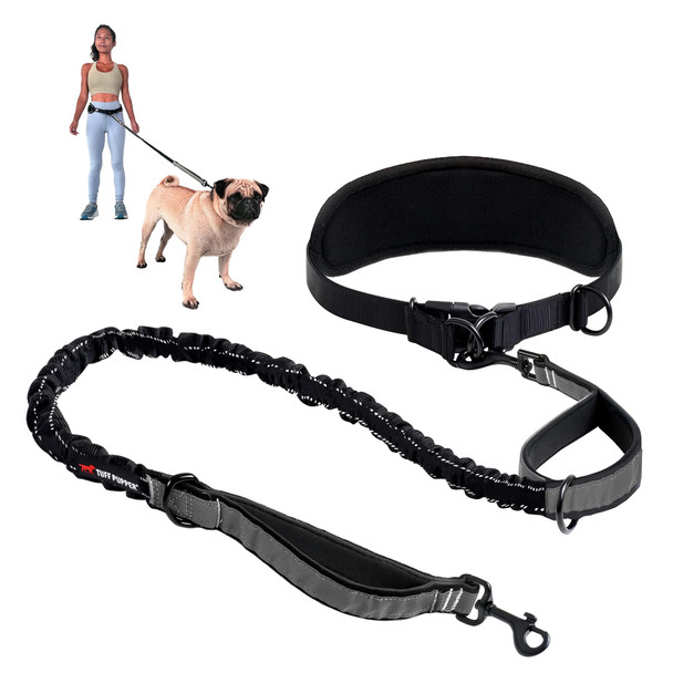 Tuff Pupper Heavy Duty Hands Dog Leash One Small/Medium Dog Up To 45 Lbs Comfortable Shock Absorbing Bungee Reflective Padded Handles Lumbar Waist Belt 2850 Jogging Running Leash