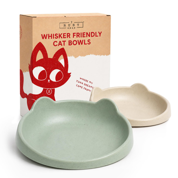7 Ruby Road Anti Whisker Fatigue Cat Bowls Set Of 2 Wide Shallow Cat and Kitten Food Bowls For Wet and Dry Food FlatFaced Breeds Bamboo Melamine NonSlip