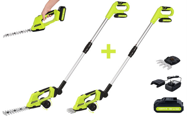 Cordless Grass Shear + Pole Hedge Trimmer with 60inch Extension Pole, Gardtech 2-in-1 Battery Powered Handheld Shrubber Trimmer - with Battery Case & Quick Charger