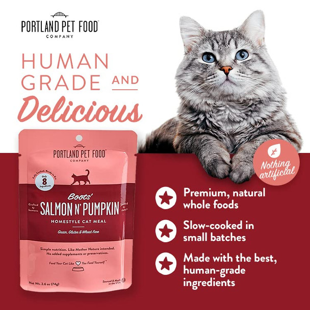 Crafted By Humans Loved By Dogs HumanGrade Mixed Variety Pack Wet Cat Food Pouch Boots Salmon N Pumpkin Moist Soft Cat Food Mixer Topper And Rotational Meal By Portland Pet Food Company 12 Pack