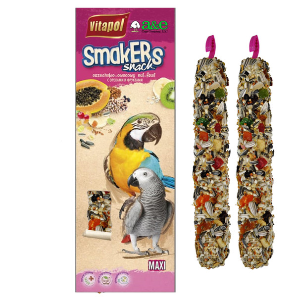 AandE Cage Company Vitapol Smakers By AandE Cage Co Maxi Nut and Coconut Treat Sticks For Parrots Twin Pack Large Bird Treat Sticks Hanging Snack With Real Nuts and Coconut For Amazons African Greys and MidLarge Parrots