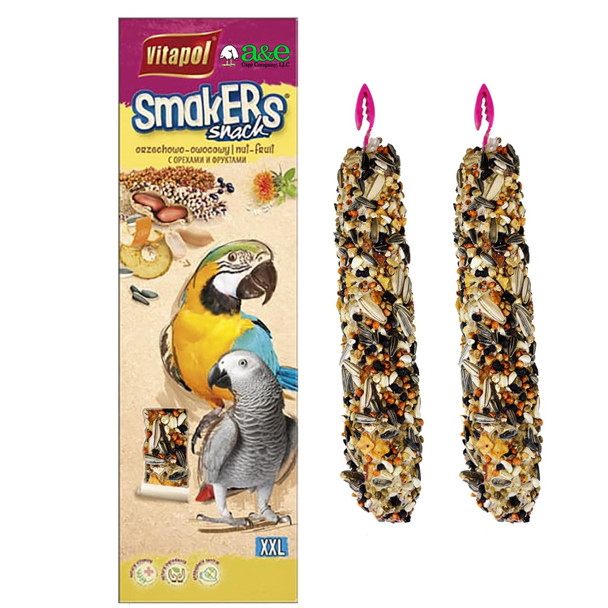 AandE Cage Company Vitapol Smakers By AandE Cage Co Maxi Nut and Coconut Treat Sticks For Parrots Twin Pack Large Bird Treat Sticks Hanging Snack With Real Nuts and Coconut For Amazons African Greys and MidLarge Parrots