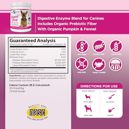 Vital Planet Digest Dog Digestive Pancreatic Enzyme Blend With Pumpkin And Fennel To Support The Pancreas And Healthy Digestion With Pancreatin Beef Flavored Powder For Dogs 111 Grams 30 Scoops