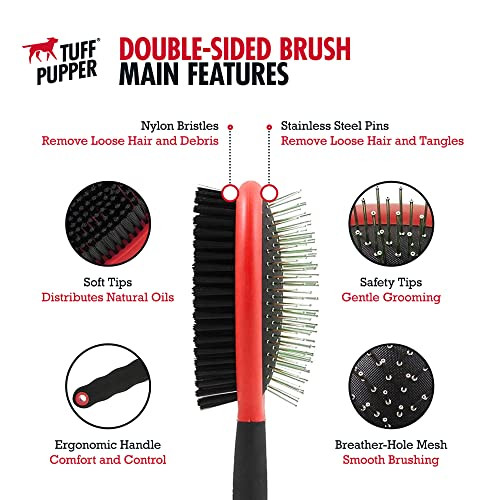 Tuff Pupper Double Sided Dog Brush Detangling Tool For Dogs And Cats Pin and Bristle Pet Brush For And Hair Types With ComfortGrip AntiSlip Handle Brown Black White