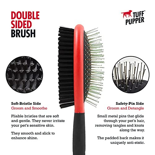 Tuff Pupper Double Sided Dog Brush Detangling Tool For Dogs And Cats Pin and Bristle Pet Brush For And Hair Types With ComfortGrip AntiSlip Handle Brown Black White