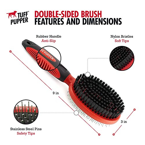Tuff Pupper Double Sided Dog Brush Detangling Tool For Dogs And Cats Pin and Bristle Pet Brush For And Hair Types With ComfortGrip AntiSlip Handle Brown Black White