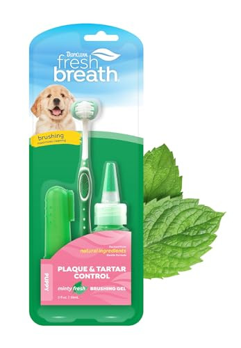 Tropiclean Fresh Breath Toothbrush And Toothpaste Kit For Puppies Teeth Cleaning Kit To Prevent Plaque and Tartar Breath Freshener Dog Dental Care