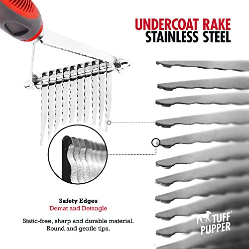 Tuff Pupper Dog Undercoat Rake Tool Easily and Safely Remove Dead Matted Or Knotted Hair Ergonomic Dematting Comb For Thick Coats NonSlip Safety Handle Provides Precision Control Against Knots
