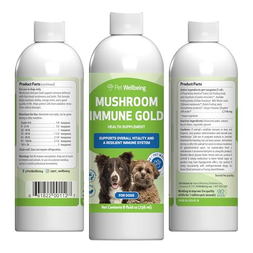 Pet Wellbeing Mushroom Immune Gold For Dogs Immune Defense 8 Oz Nasc and VetFormulated Liquid Mushroom Supplement With Reishi and Turkey Tail For Complementary Immune Support