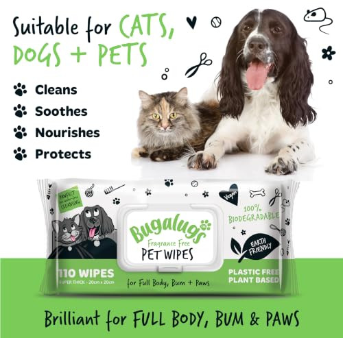 Bugalugs Dog Wipes 100% Plastic Biodegradable Pet Wipes For Full Body Eye Wipes Ear Wipes Bum and Paws 110 Sensitive Dog Grooming Wipes For Dogs Puppy and Cat Grooming Fragrance