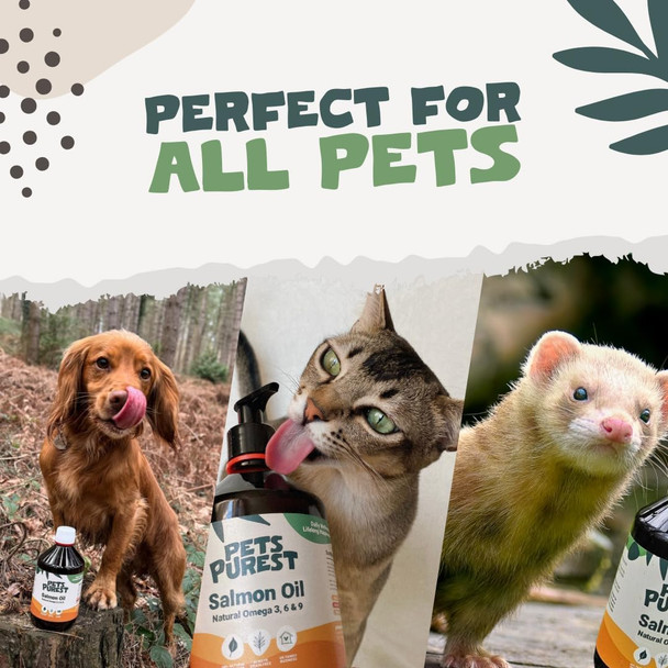 Pets Purest Salmon Oil For Dogs Cats Horses Ferrets and Pets 32 Fl Oz 100% Pure Premium Food Grade Natural Omega 3 6 and 9 Supplement Promotes Coat Skin Joint And Brain Health