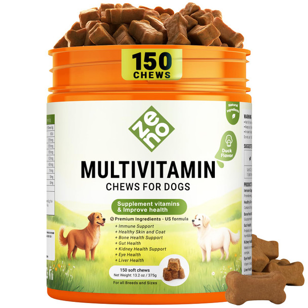 Zeno Dog Vitamins And Supplements 150 Dog Multivitamin Chewable Immune Joint Support Skin Gut Health + Packed With Omega 3S Glucosamine and Probiotics Safe For Puppy Chicken