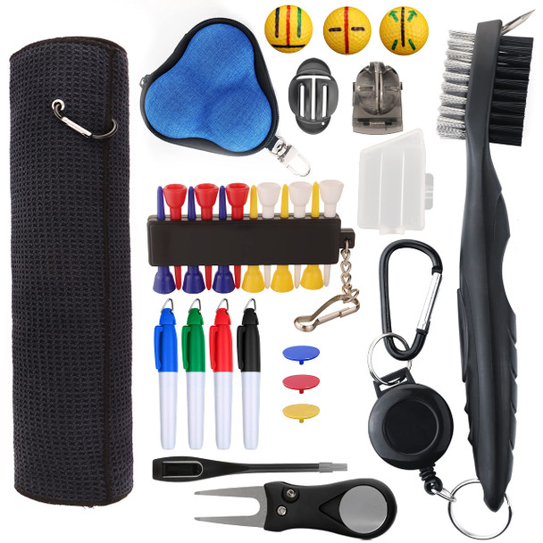 The Golfer Store Golf Essentials Kit 29 In 1 Golf Club Cleaning Kit Golf Towel Golf Club Brush Golf Balls Golf Line Stencils And Pens Golf Tee And Markers Golf Divot Repair Tool Golf Accessories For Men
