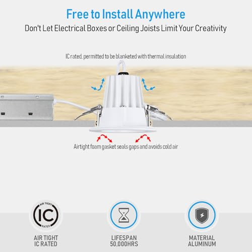Torchstar 5Cct 2 Inch Led Recessed Lighting With Junction Box 600Lm Cri90+ Dimmable AntiGlare Led Downlight Ic Rated Etl Listed 2700K/3000K/3500K/4000K/5000K Selectable Baffle Trim Pack Of 6
