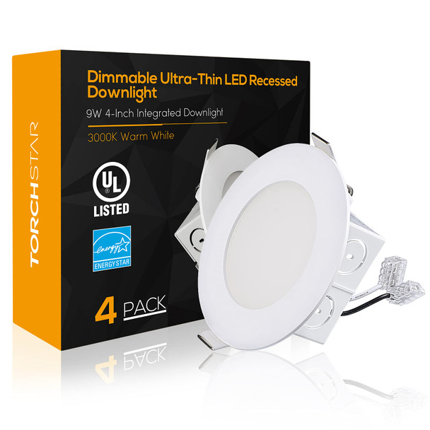 Torchstar 4 Inch Integrated Led Recessed Ceiling Light With Junction Box 9W Dimmable Downlight 3000K Warm White Airtight Ul and Energy Star Listed Pack Of 4