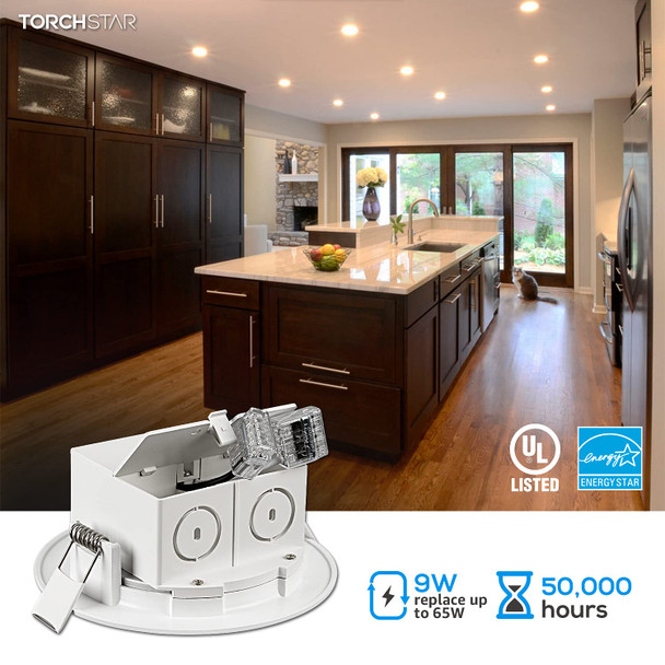 Torchstar 4 Inch Integrated Led Recessed Ceiling Light With Junction Box 9W Dimmable Downlight 3000K Warm White Airtight Ul and Energy Star Listed Pack Of 4
