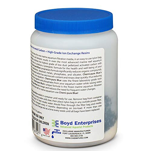 Boyd Enterprises Chemi Pure Blue 11 Oz Aquarium Filtration Media Premium Extruded Carbon + Ion Exchange Resins In Nylon Bag Clears Toxins Phosphates and Metals