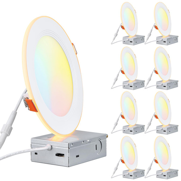 Torchstar 8Pack 5Cct 6 Inch Slim Led Recessed Lights With Night Light Cri90 AntiGlare Baffle Trim 27003000350040005000K Selectable 12W Dimmable UltraThin Canless Wafer Downlight Etl