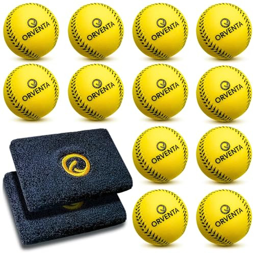 Orventa Soft Foam Baseballs Safe Indoor and Outdoor Practice Baseballs For Hitting Safety Baseball For Kids and Teenagers With Wrist Sweatbands Training Foam Balls For Hitting Throwing and Catching 12 Pack