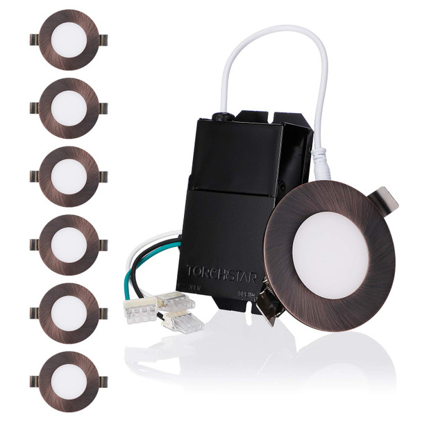 Torchstar ELite Series 3 Inch UltraThin Led Recessed Lighting With JBox Cri90+ Dimmable 7W Slim Panel Downlight Wet Location Etl and Es Listed Oil Rubbed Bronze 2700K Soft White Pack Of 6