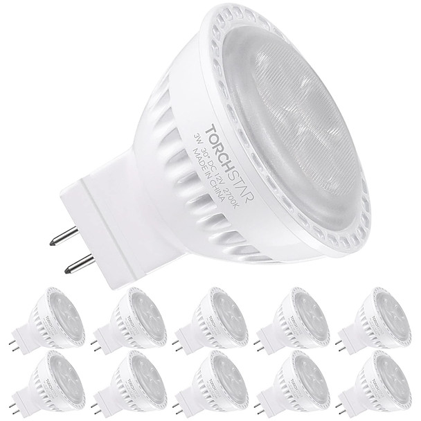 Torchstar 10Pack Mr11 Led Light Bulbs 3W 2700K Soft White Spotlight Bulb 25W Equivalent Ac/Dc 12V Gu4 Base Track Lighting Recessed Light Landscape Lights Accent Spotlights