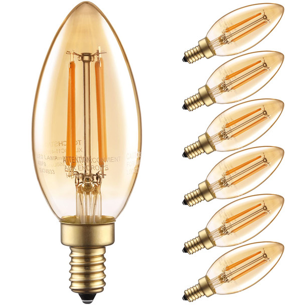 Torchstar Dimmable E12 Led Candelabra Bulb Ul Listed 40W Equivalent Chandelier Light Bulbs 350Lm Led Filament Candle Bulb C11 Amber Ceiling Fan Light Bulbs 2200K Amber Warm Pack Of 6