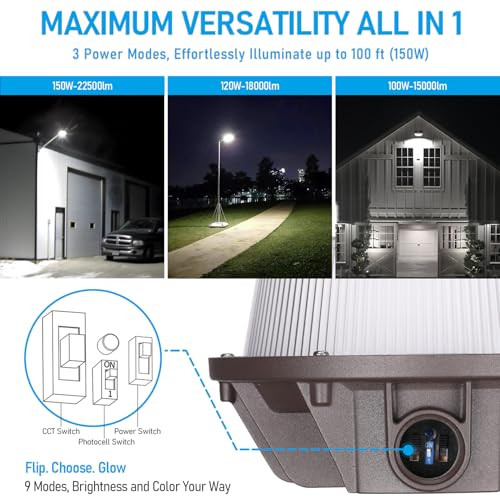 Torchstar 3Cct Led Barn Light Adjustable Dusk To Dawn Area Light With Photocell Update 150W/120W/100W Selectable Outdoor Security Flood Lighting Etl Listed Ip65 Waterproof 120277V Brown