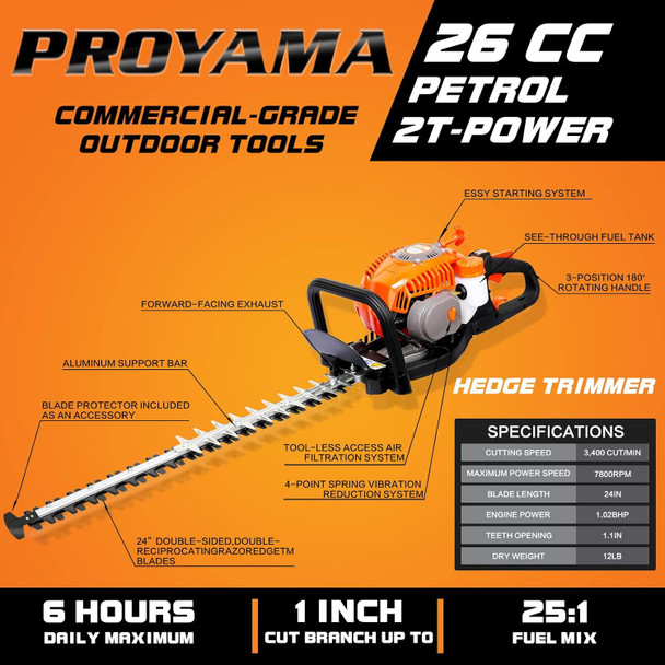 PROYAMA 24-Inch 26cc 2 Cycle Gas Powered Dual Sided Hedge Trimmer with Rotating Handle 2-Year  Less Weight Less Fatigue Suitable for Gardener Professional Landscaper Home User