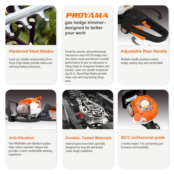 PROYAMA 24-Inch 26cc 2 Cycle Gas Powered Dual Sided Hedge Trimmer with Rotating Handle 2-Year  Less Weight Less Fatigue Suitable for Gardener Professional Landscaper Home User